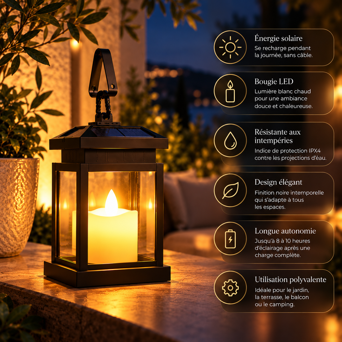 Lanterne Solaire LED LUMÉA à Effet Bougie