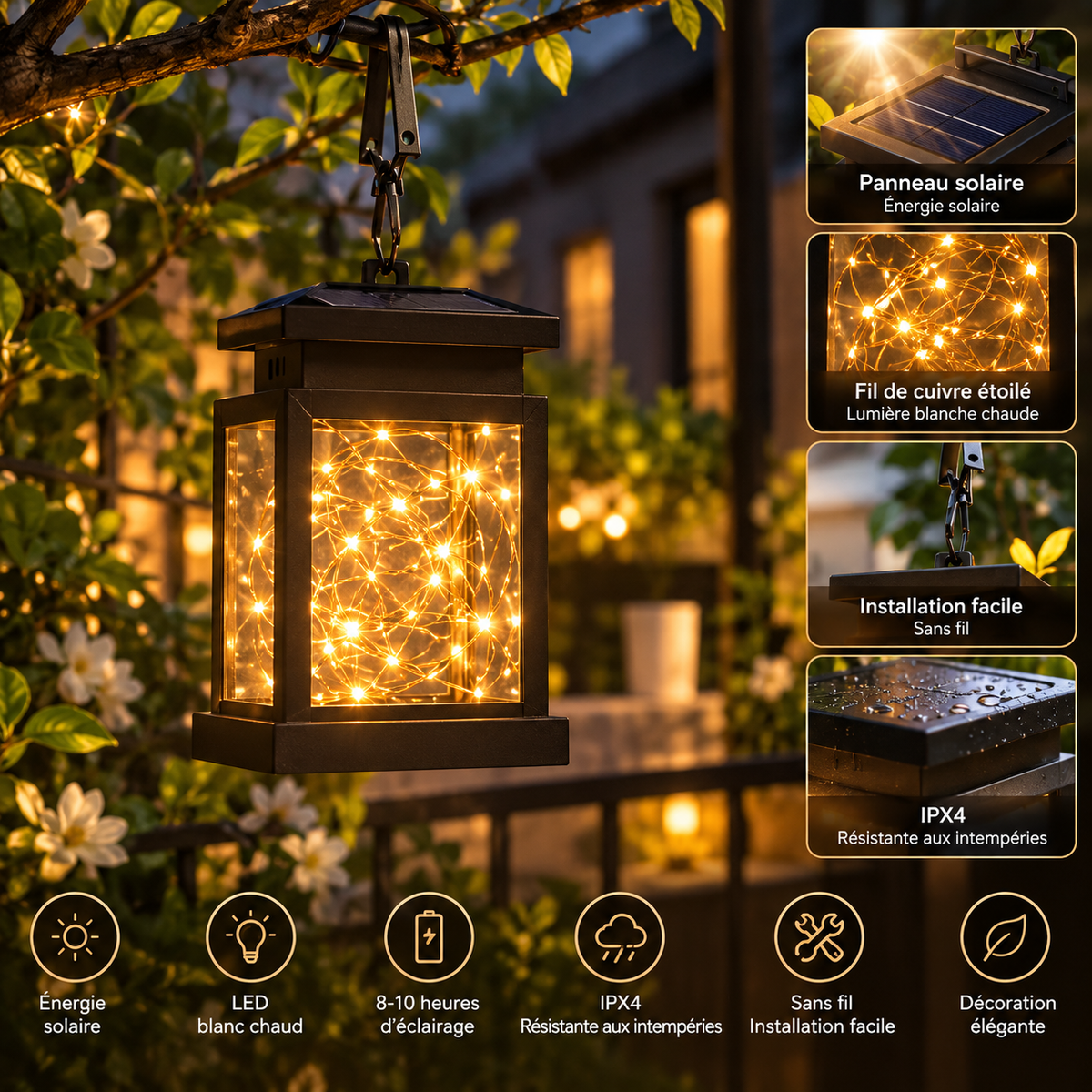 Lanterne Solaire LED LUMÉA à fil de cuivre étoilé
